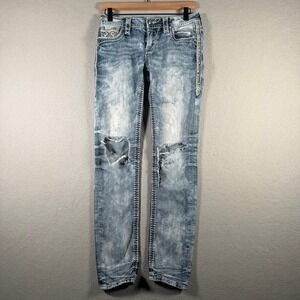 Rock Revival Raven Straight Distressed Jeans Light Wash Rhinestone Size 27